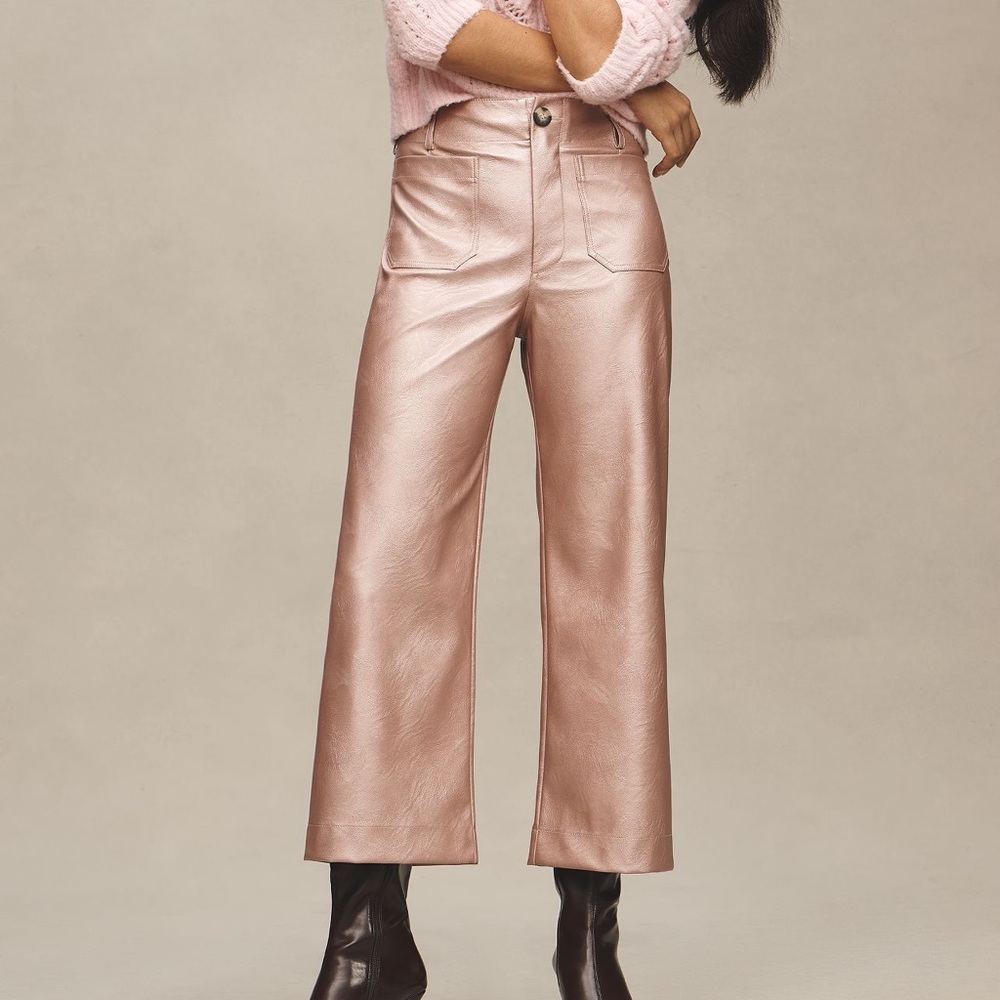 NWT ANTHOPOLOGIE Colette Cropped Wide-Leg Pants by Maeve: Metallic Faux-… - Picture 4 of 7